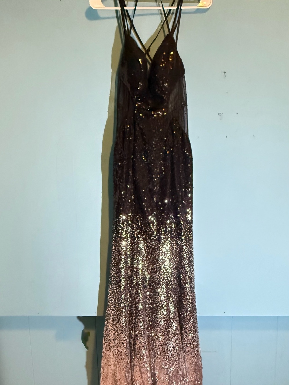 Strappy V-Neck Sequin Ombre Maxi Dress in Black and Rose Gold